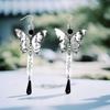Ancient Style Chinese Calligraphy Butterfly Earrings with Tassel and Water Drop Pendant