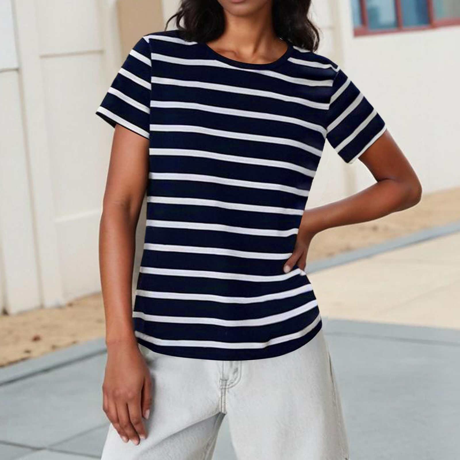 Ladies  Casual Fashion Striped Printed Short Sleeved Shirt S