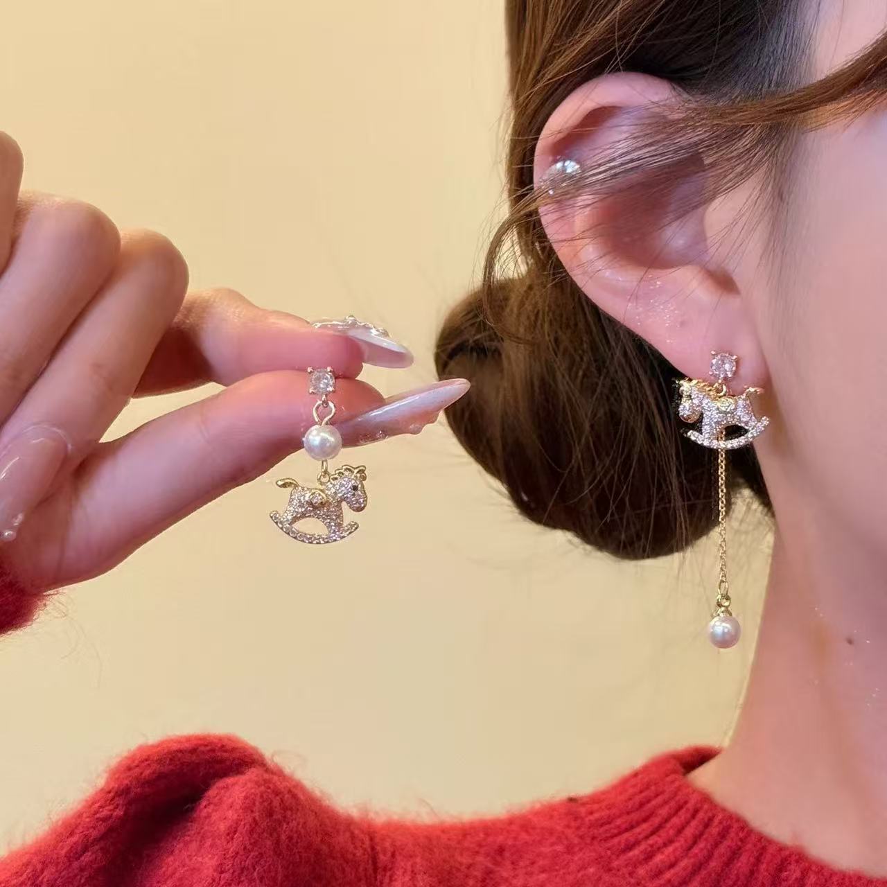 New Year s red earrings sparkling zirconium stars pony pendant stud earrings design beautiful earrings