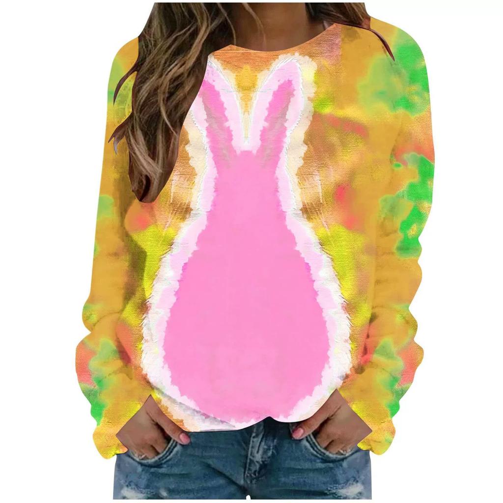 Round Neck 3D Tie Dye Rabbit Printed Top Fashionable Casual Long Sleeved Women's T-shirts