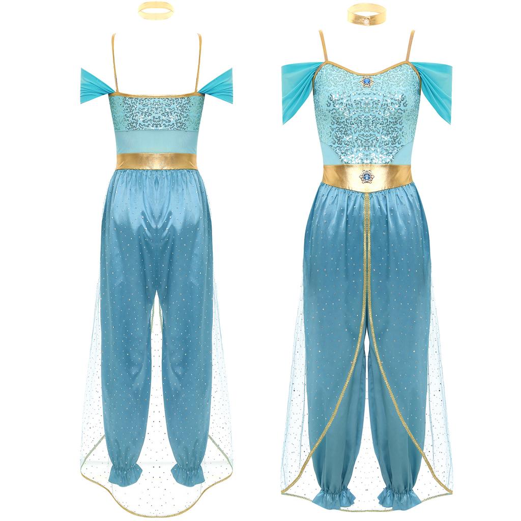 Set de costume de prințesă pentru femei, salopetă cu paiete, pantaloni largi și largi, carnaval, petrecere, dans, rochie