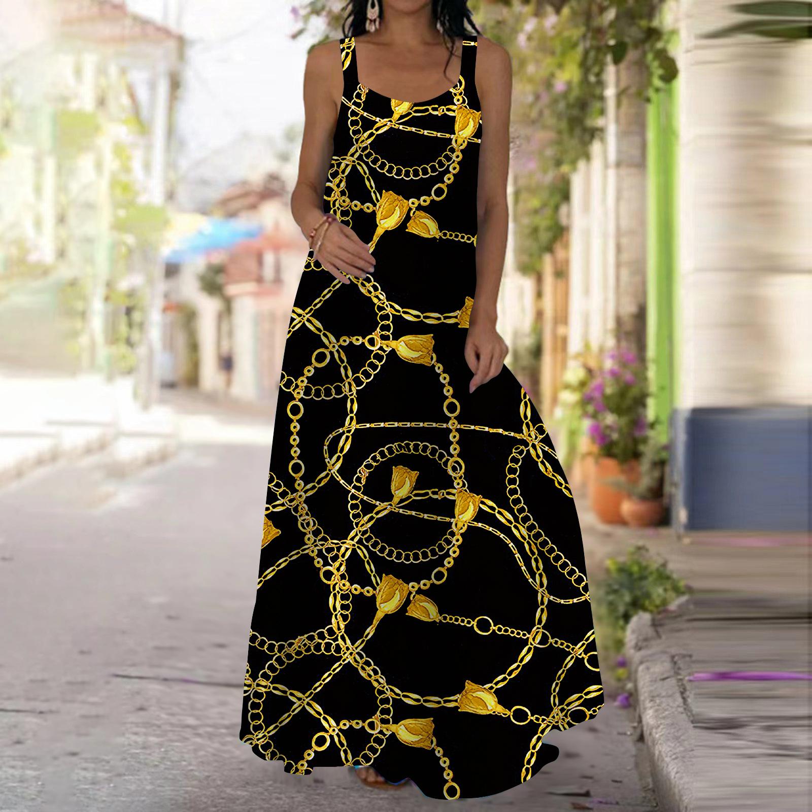 

Женское платье-комбинация, длинное платье с принтом в виде цепочек и роз, весна-лето, V-образный вырез, для отдыха и отпуска 8XL золотой