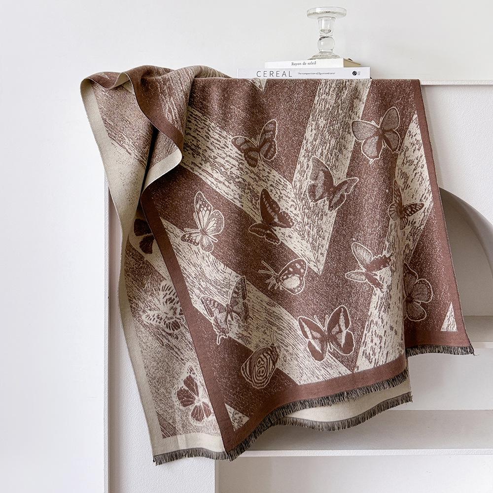 Luxury Butterfly Print Faux Cashmere Scarf: Warm, Stylish Color-Block Shawl for Women, Perfect Winter Neck Warmer