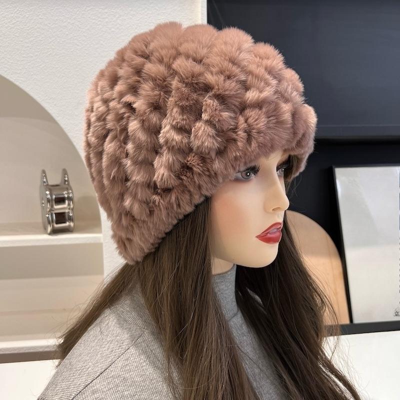 Real Rex Rabbit Hair Hat Women's Thickened Hair Hat Fur Cold Warm Ear Protection Plush Knitted Hat Baotou Hat Autumn and Winter