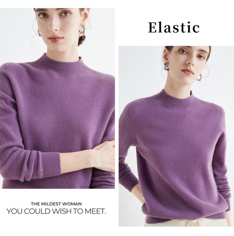 Damen Nahtloser 100% Wollpullover Langarm mit Halbhohem Kragen für Herbst/Winter