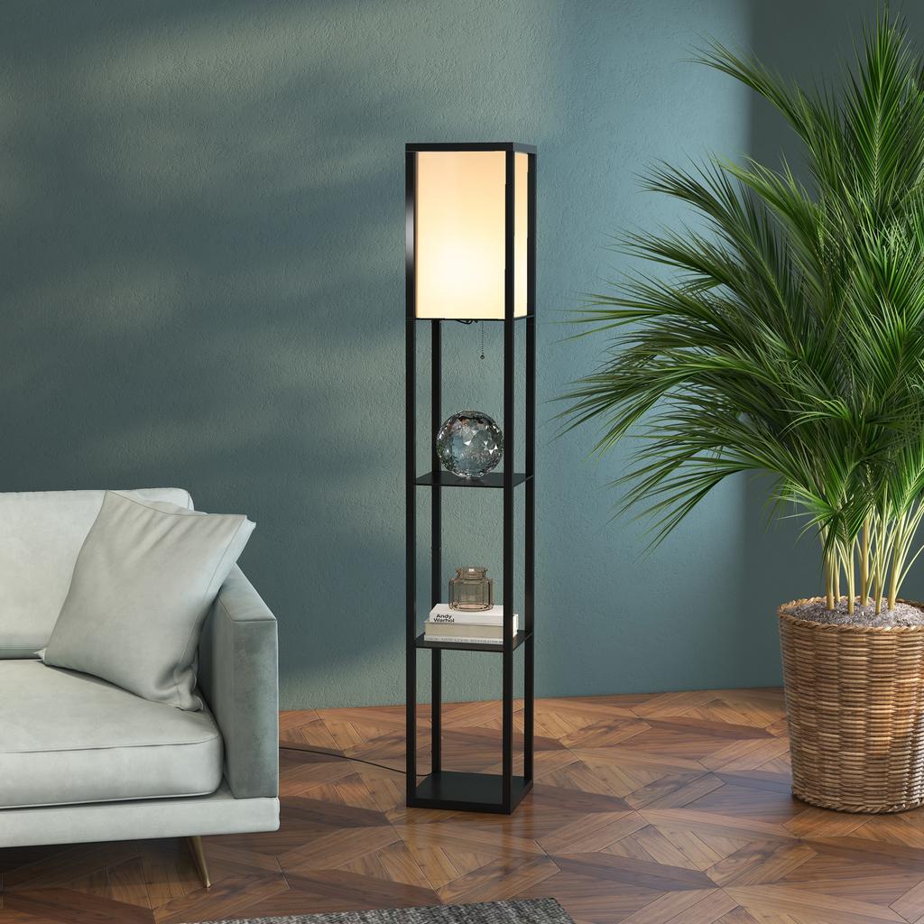 Floor Lamp with Shelves and Top Light, Modern Corner Standing Lamp with TC Fabric Lampshade for Living Room, Bedroom, Bulb not Included, Black