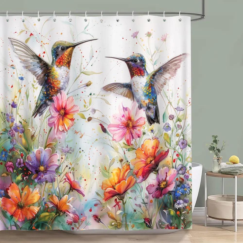 Wunderschöner Kolibri Blumen Duschvorhang Schmetterling Blume Botanischer Aquarelldruck Polyester Duschvorhang Badezimmerdekor