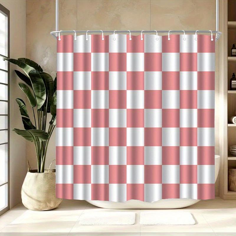 1pc Pink and white checkered shower curtain, polyester fabric, with hooks - machine washable, suitable for bathroom decor.
