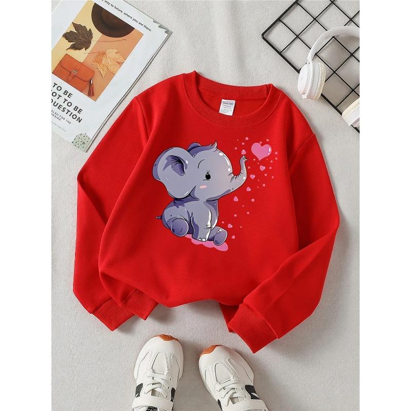 European sizes Cute Elephant Hearts Pink Girls' Fashionable Crewneck Sweatshirt, Western Top, Children's Long Sleeved Casual Tee