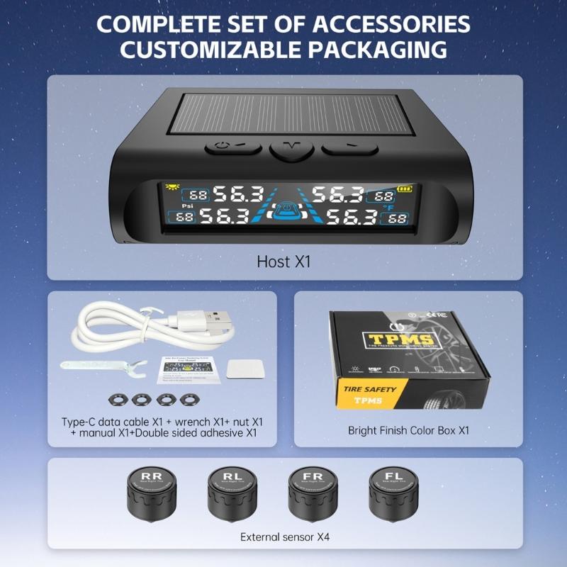 Universal 4 Sensor TPMS Kit Featuring Real Time Tire Pressure and Temperature Monitoring Solar Powered Monitor System