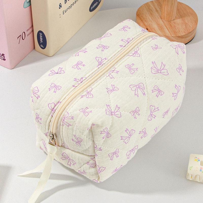Ruffled Edge Bowknot Floral Print Makeup Bags Large Capacity Quilting Pen Bags Women Cosmetic Storage Bag Travel Wash Bag Clutch