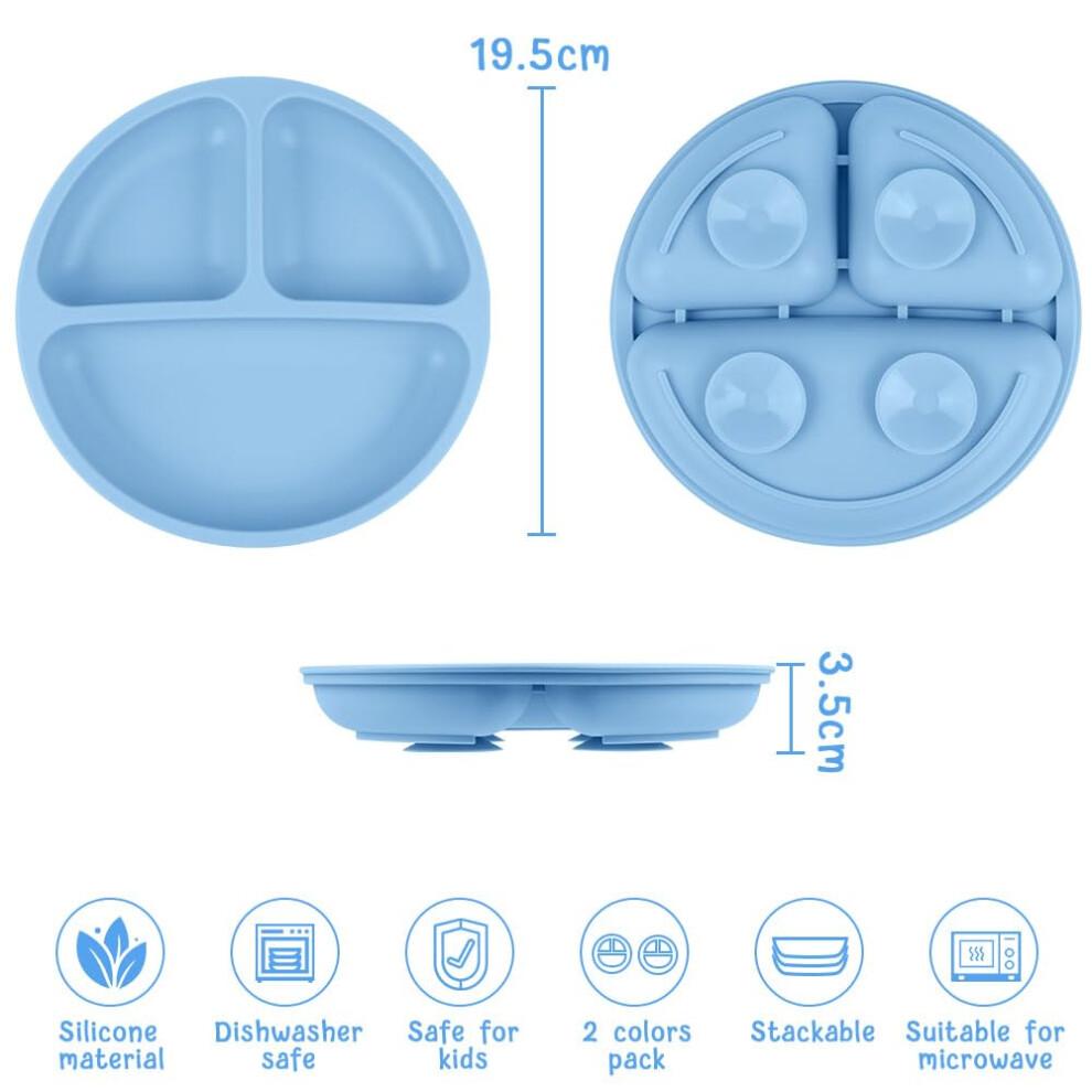 Vicloon Baby Suction Plate, 2Pcs Silicone Baby Suction Plates, Non Slip Silicone Toddler Weaning Plate, Divided Dishes for Toddler Kids Self Feeding,