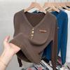 Women's Integrated Velvet V-neck Sweater for Autumn and Winter with Plush and Thickened Slim Knitted Base Sweater