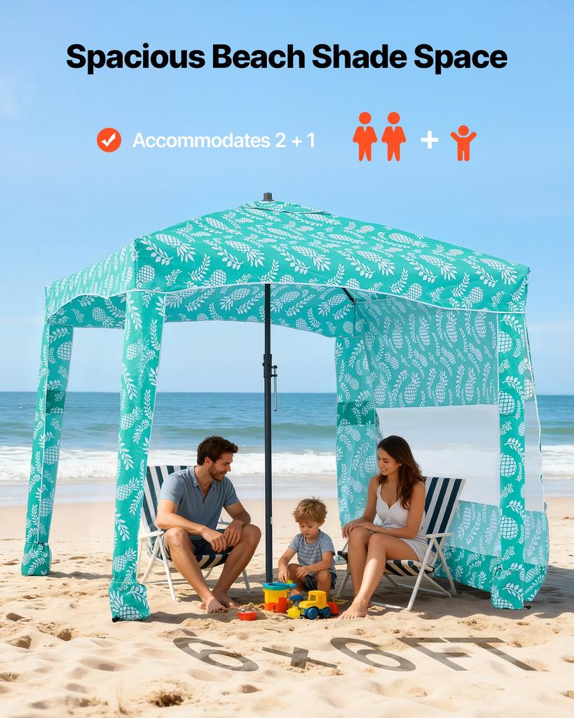 VEVOR Beach Cabana, 1.83 x 1.83 m Beach Canopy with Side Wall, UPF 50+ Protection Easy Setup Cabana Tent with Sand Pockets