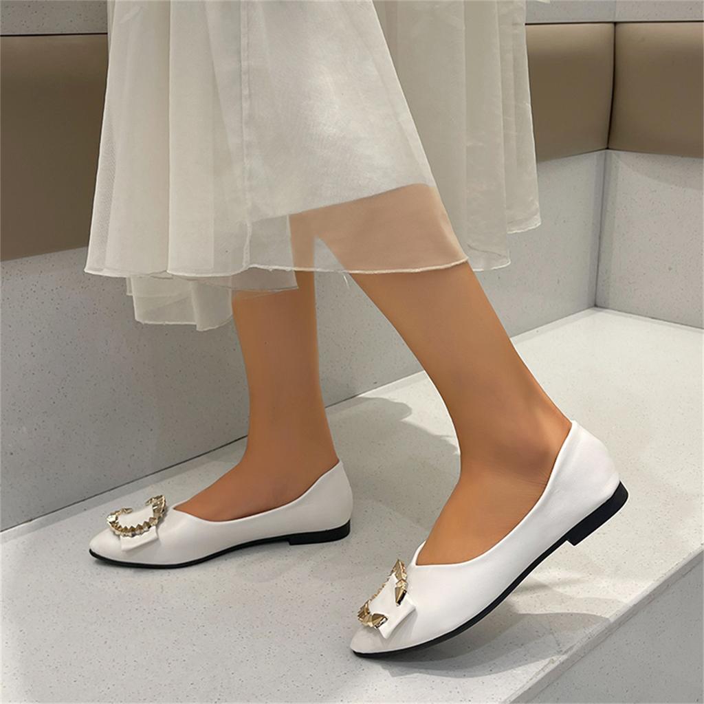 Sweet Flats Women Summer Casual Leather Slip on Pointed Toe Fashion Shoes for Women Solid Metal Buckle Casual Platform Flats