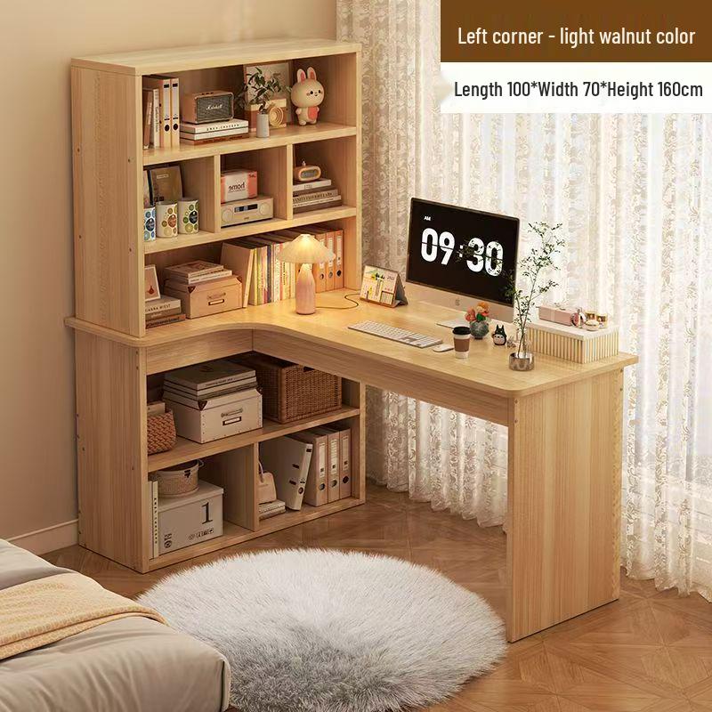 Compact Corner Computer Desk with Integrated Bookshelf & Vanity for Bedroom or Home Office