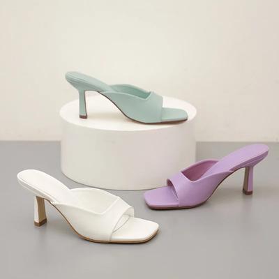 2024 Damen Sommer 8,5 cm Hohe Absätze Blau Lila Pantoletten Mules Sandalen Damen Hausschuhe Designer Peep Toe Dünne Absätze Fetisch Abschlussballschuhe