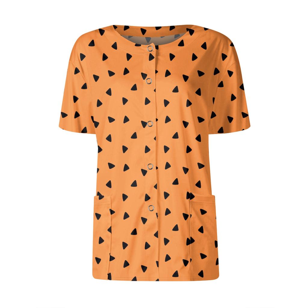 Women's Short Sleeved Patterned Pockets, Work Print Stand Up Collar, Single Breasted Protective Clothing, Cardigan Jacket, Top