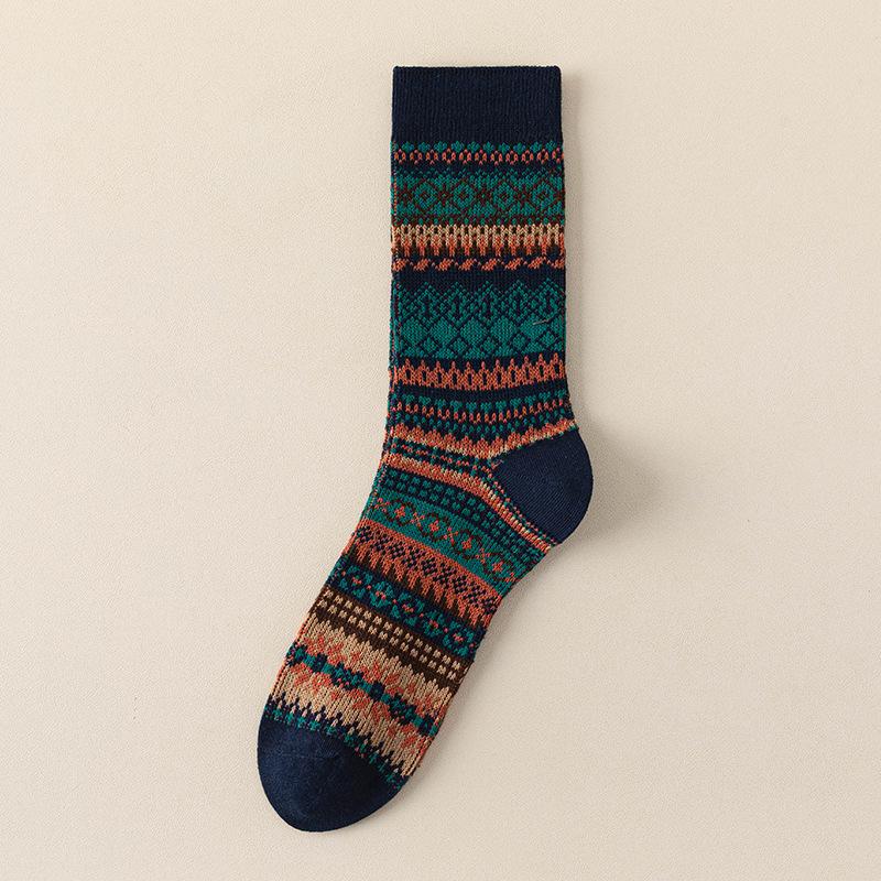 Men's Double Needle Ethnic Mid-Calf Socks - Warm American Retro Kaki for Autumn/Winter