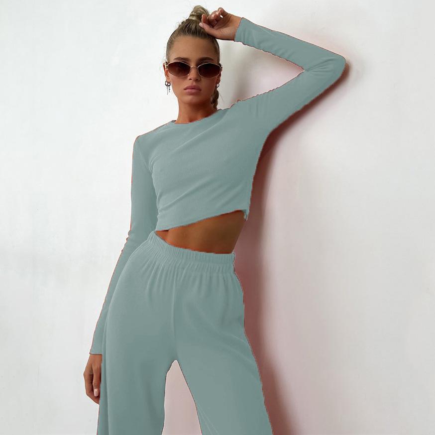 Fashion 2 Piece Lounge Set Women 2026 Slim Fit Knit Top Loose Pants Casual Solid