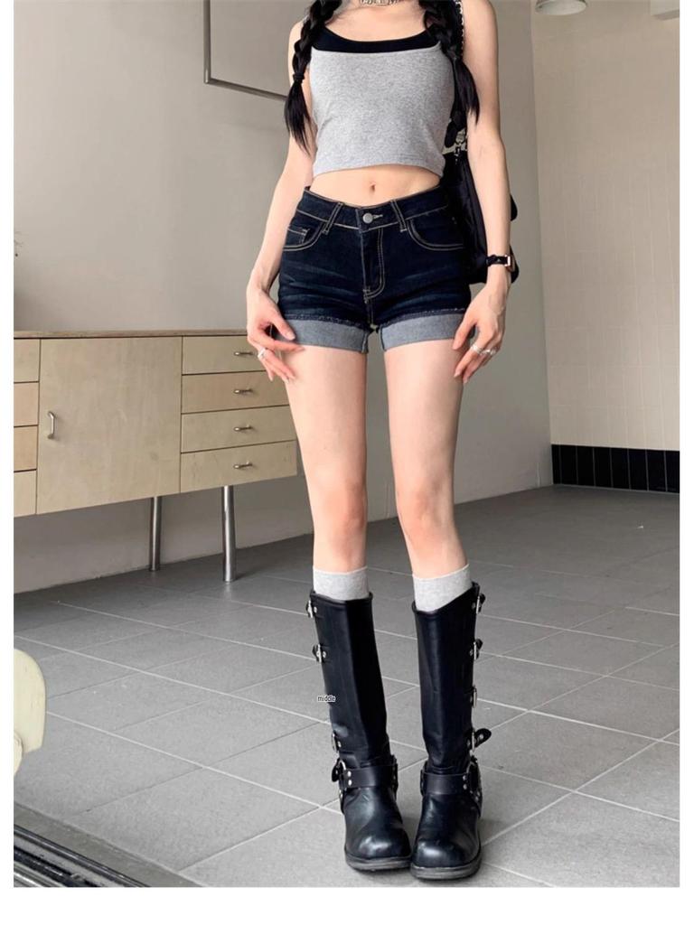 Women's High-Waisted Denim Shorts - Water-Washed, Rolled Hem, Slimming A-Line Fit, Stretchy and Hip-Hugging. Perfect for Summer 2026 Hot Girl Style.
