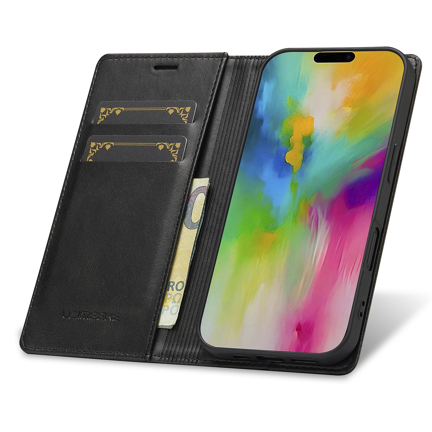 

LC.IMEEKE For iPhone 16 Leather Case RFID Blocking Card Slots Phone Cover Black