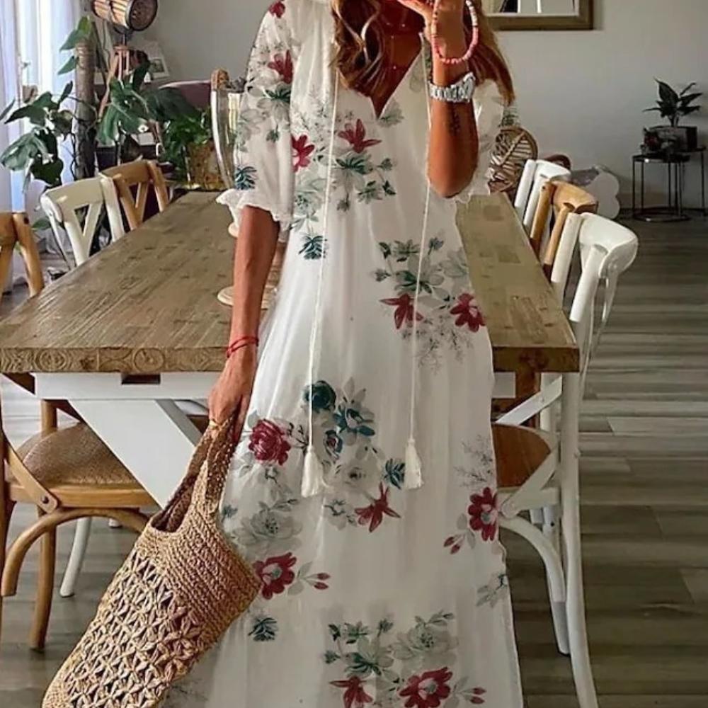 Summer Women V-neck Short Sleeved Long Dress Elegant Flower Printed Women's Loose Dress Bohemian Style Women's Clothing