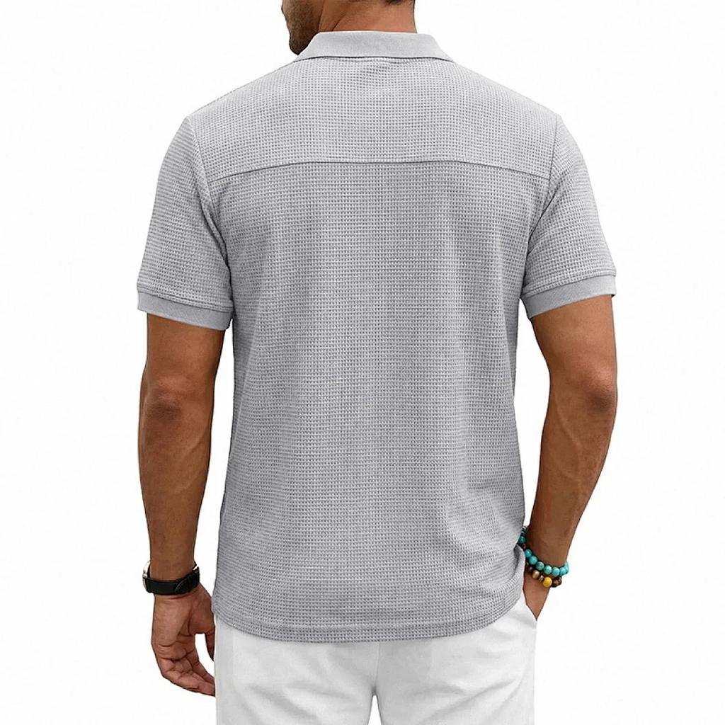 Men's Breathable Waffle Knit Polo Shirt Short Sleeve Button Placket Chest Pocket Loose Fit Summer Tops