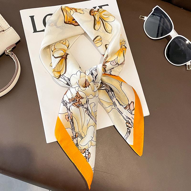 

Spring/Summer Magnolia Print Neck Scarf Outdoor Decoration Wrap for Women Breathable 70*70cm Imitation Silk Square Scarf жёлтый