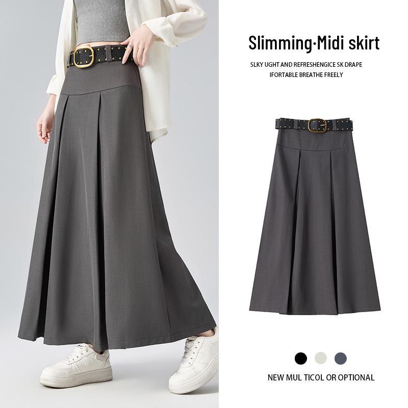 2026 Spring Women's High-Waisted Pleated A-Line Skirt with Belt - Drapey and Slimming