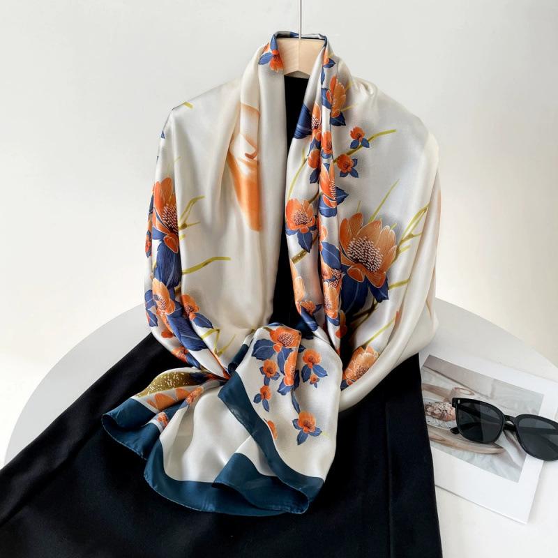 Spring and Summer Thin Silk Scarf High-end Printed Long Scarf New Satin Travel Sunscreen Scarf National Style Cloak
