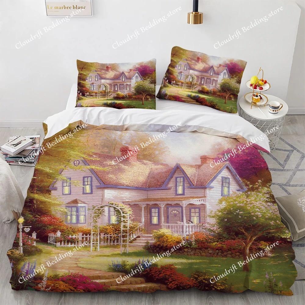 Oil Painting King Queen Duvet Cover Vintage Building Landscape Bedding Set for Adults Retro Art microfiber Quilt Cover