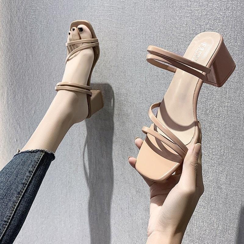 Large size thick-heeled sandals for women's summer new mid-heel one-word cool slippers for women's two fashion high-heeled sandals