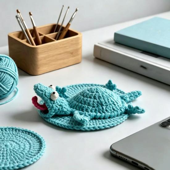 Crochet Lizard Coaster, Funny Handmade Animal Cup Mat, 3D Knitted Drink Coaster for Desk, Cute Heat Resistant Table Protector
