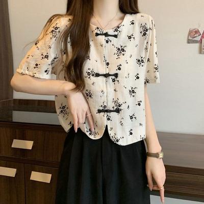 Women New Chinese Style Floral Print Short Sleeve Blouse with Frog Buttons