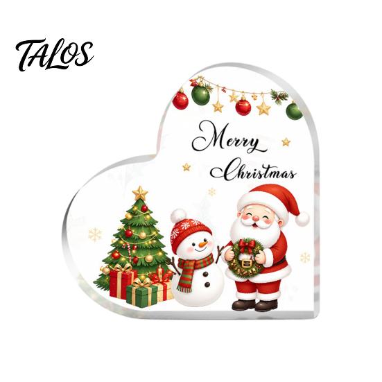 Romantic Christmas Gifts Heart Shaped Acrylic Tabletop Sign, 2D Winter Snow Scene Desktop Ornament Holiday Centerpieces with Santa, Snowman