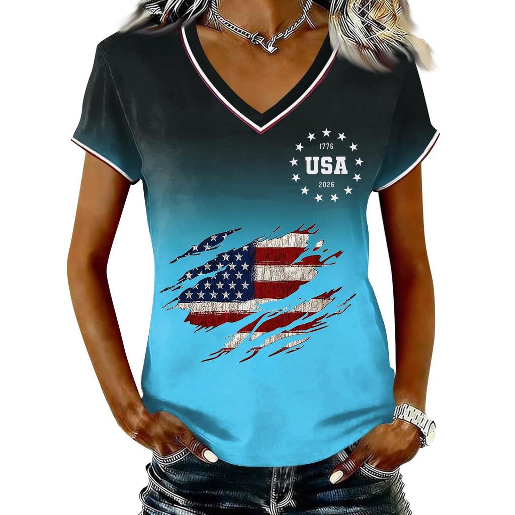 T-shirt Pull Col V Manches Courtes Décontracté pour Femme Imprimé Patriotique Dégradé Haut Jour de l'Indépendance T-shirt Graphique Drapeau USA