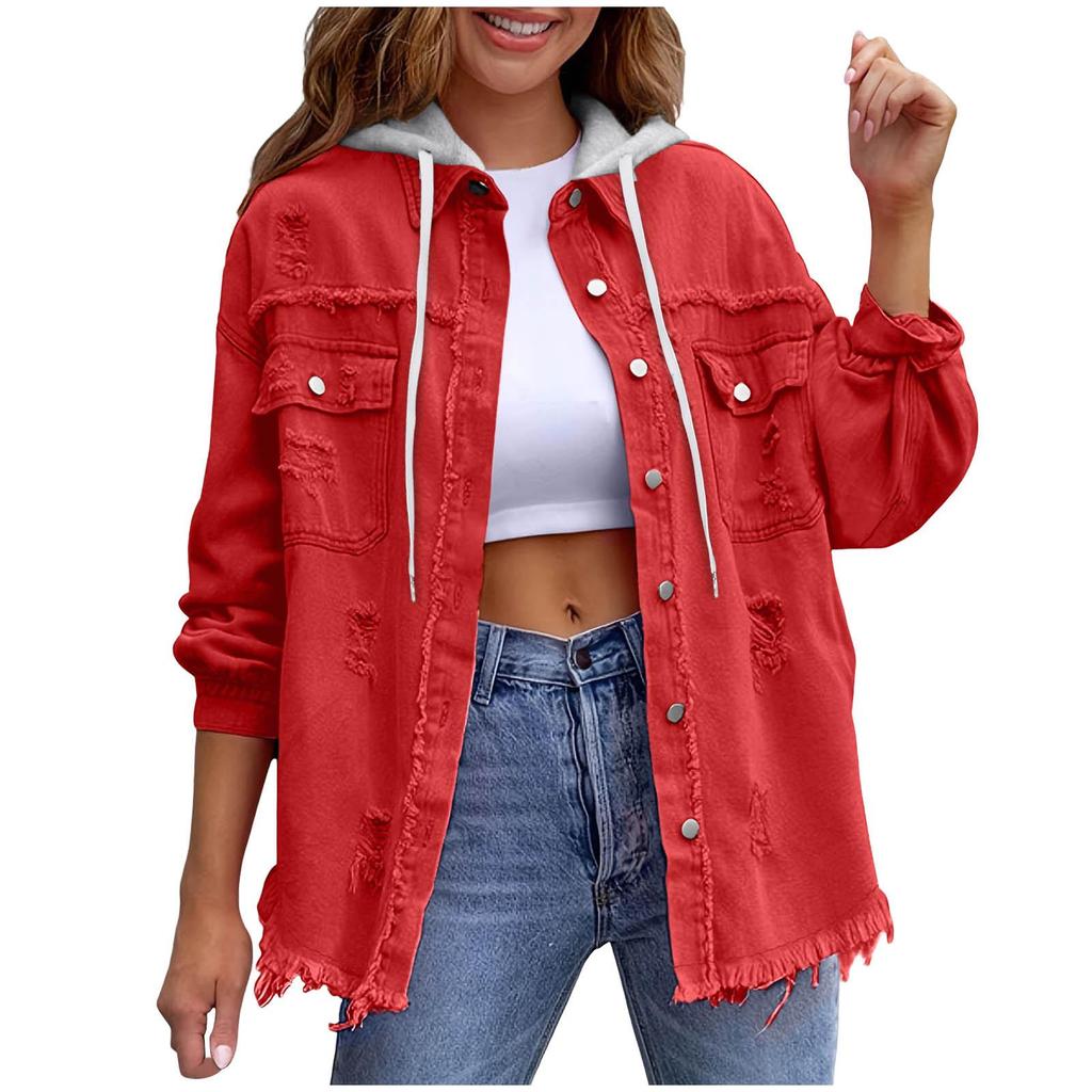 New Denim Hooded Jacket, Women's Solid Color Loose Jacket, Ripped Long-sleeved Women's Denim Shirt