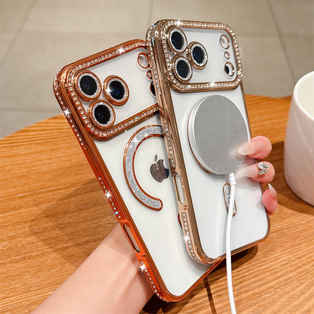 Bling Crystal Lens Film Transparent Case For iPhone 17 16 15 14 13 12 11 Pro Max Plus 17Air 16e Magnetic Wireless Charging Cover