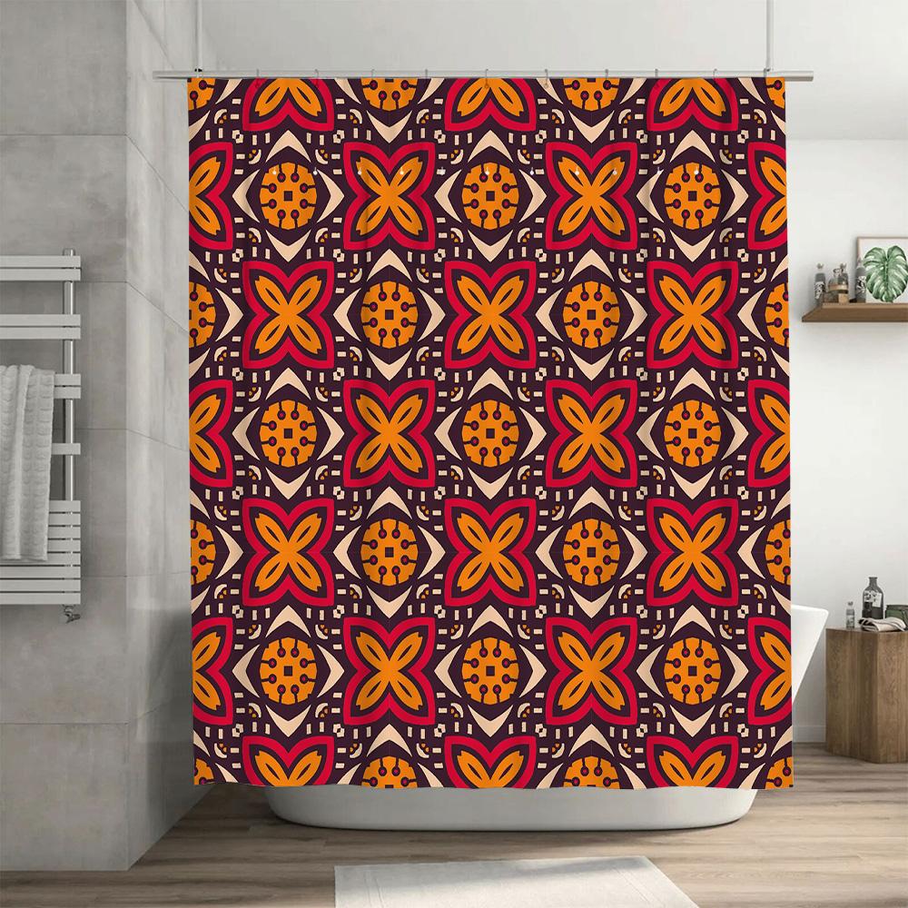 Vintage Style Shower Curtain with Geometric Pattern Decorative Bath Mat Set for Bathroom Renovations (Purple Orange Color)