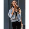 Women's Denim Jacket with Leopard Print - Long Sleeve, Autumn/Winter European and American Style