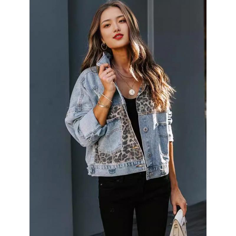 Women's Denim Jacket with Leopard Print - Long Sleeve, Autumn/Winter European and American Style