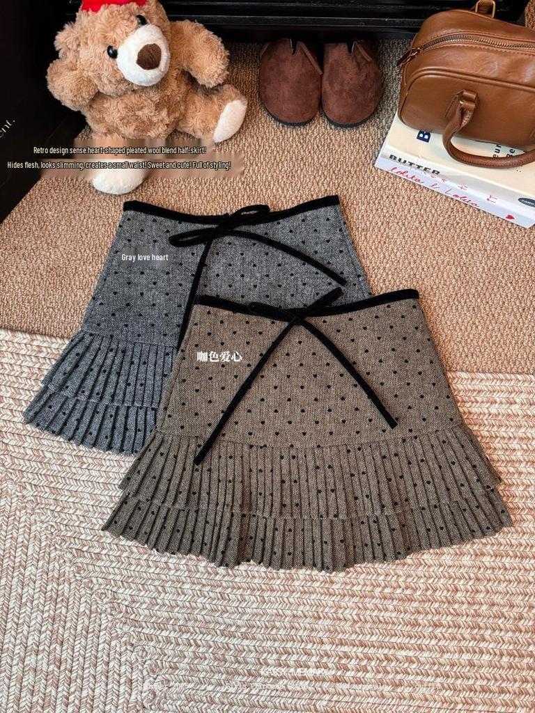 Women's Plus Size Grey Polka Dot Knit Wool A-Line Pleated Short Skirt with High Waist