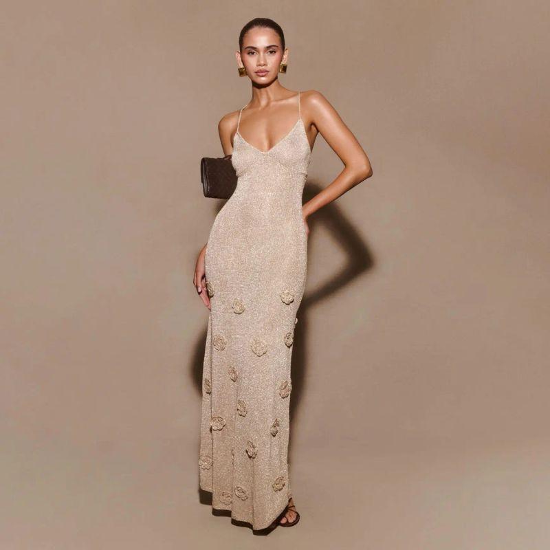 

European and American Knitted Sling Three-Dimensional Flower Depth V-neck Beach dress Women Deep V-neck Beach Dress wo4796 shallow khaki L