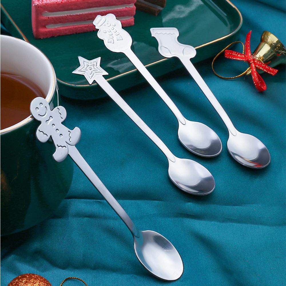 4PCS Christmas Gift Decoration Dessert Spoons Snowman Christmas Stocking Cutlery Spoon Christmas Gift Box Gingerbread Spoon