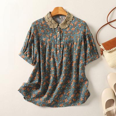 Kurzarm-Oberteil mit Spitzen-Patchwork-Ausschnitt, Sommer/Herbst, künstlerische Baumwoll-Leinen-Bluse, Vintage-Oberteile mit Blumendruck, lässiges Hemdoberteil für Damen