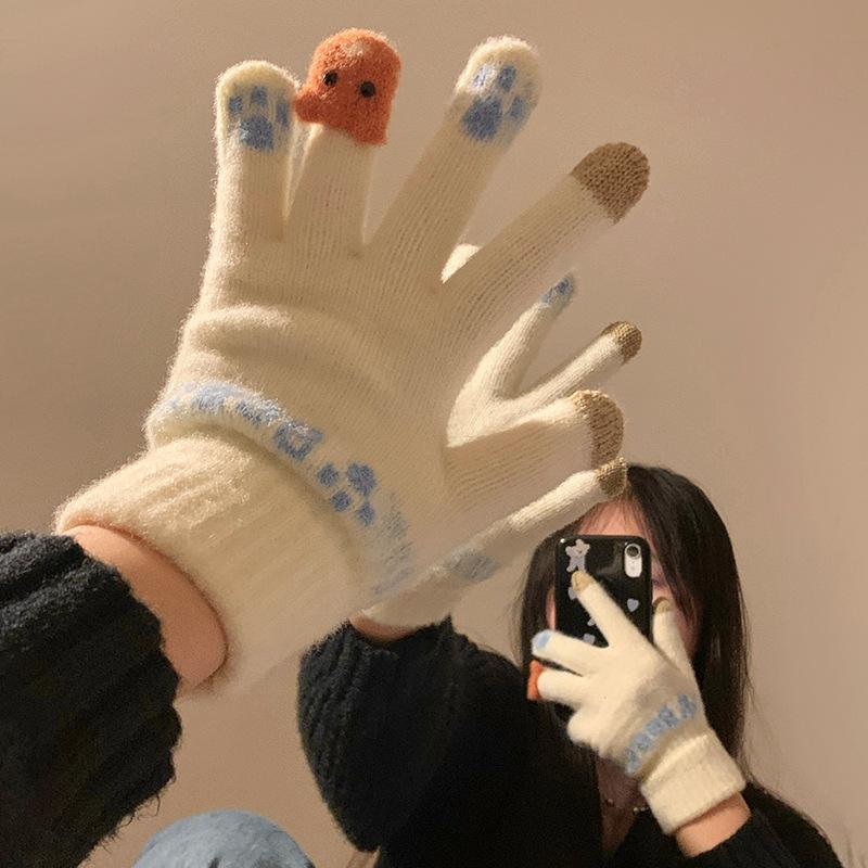Winter Plush Knitted Five-finger Gloves Women's Autumn and Winter Warm Thickened Student Cycling Can Be Windproof and Cold Korean Version
