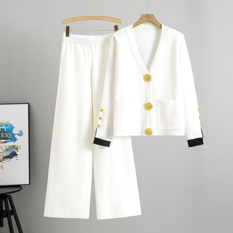 

Cross-Border Women s Sweater Set: Autumn/Winter Loose Knit Cardigan & Wide-Leg Pants with Metal Buttons One Size