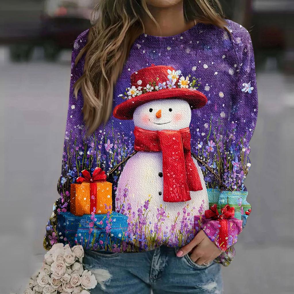 Women's Fashion Casual Long Sleeve Christmas Printed Neck Sweatshirt Top