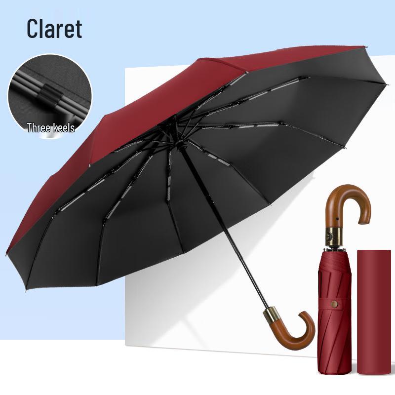 Sanhe 10-Rib Automatic Folding Umbrella with Wooden Curved Handle